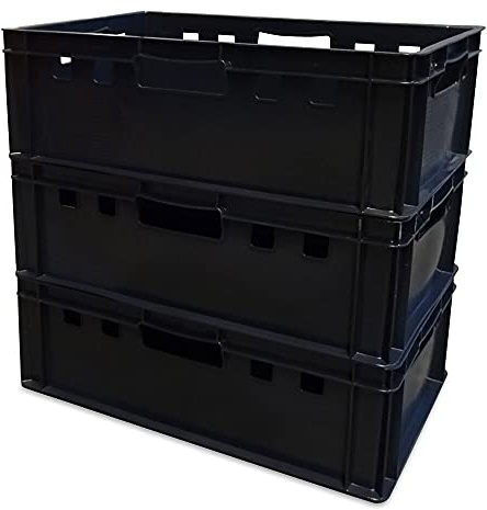 Generisch kanister-vertrieb® 3er Set E2-Kiste Eurobox Metzgerkiste Vorratskiste Aufbewahrungsbox Lagerbox 60x40x20 cm stabil für Lebensmittel geeignet (schwarz)