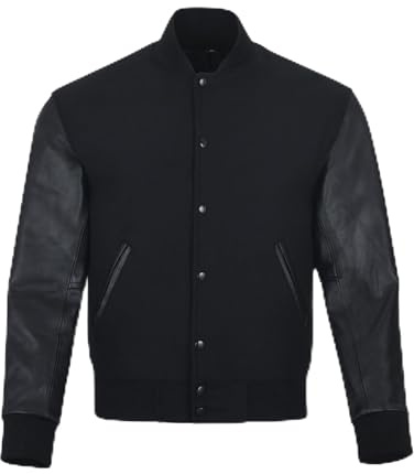 warrior gears Mens Varsity Jackets with Wool Body and Leather Sleeves, Classic Retro Letterman Motorbike Bomber Stripe Style Varsity Jacket, Black Wool Body & Black Leather Sleeves - M