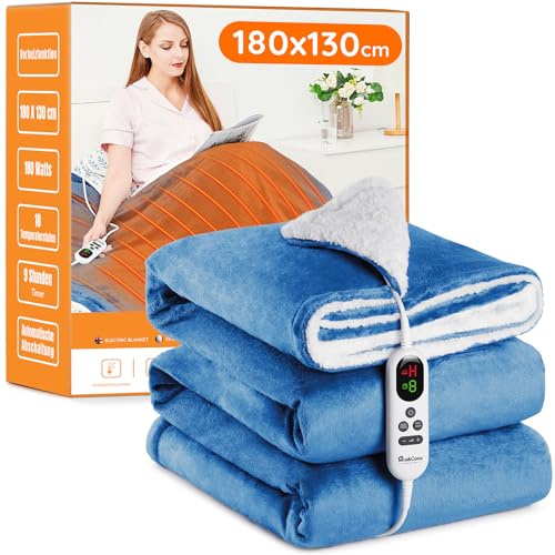 Mia&Coco Heizdecke mit Abschaltautomatik, 130x180cm für Home & Office Blau | 10 Heizstufen 1~9 Stunden Auto-Off-Timer Überhitzungsschutz, Elektrische Wärmedecke Bett Wärme Decke ETL Schnelle Flanell