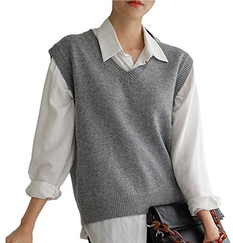 GUOCU Maglione Senza Maniche Casual Donna Maglione Gilet Ragazza Scollo a V Maglioni Pullover Sciolto Invernale Elegante Maglione Smanicato Tinta Unita Pullover Maglia Gilet Senza Maniche Stile B L