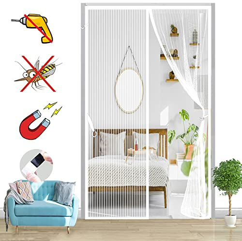 Magnet Fliegengitter Tür Insektenschutz, Ohne Bohren, Ist Ideal Für Die Balkontür Magnetvorhang, Fliegenschutz Terassentür-White-A|| 140x220cm(55x86inch)