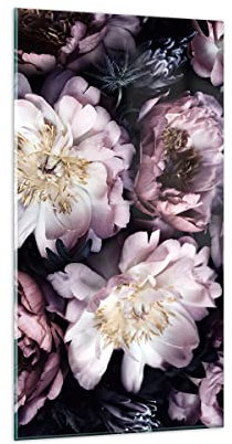 Wandbilder Dekoration Wohnzimmer Pfingstrosen Veilchen Blumen Bilder auf Glas 65x120cm Glasbild Schlafzimmer Küche Deko Wand Kunstdruck Art Groß XXL Wanddeko Bild im Glas Modern Wall GPA65x120-5076