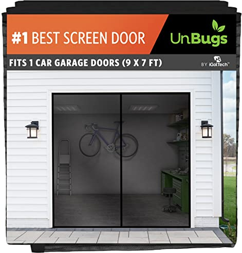 UnBugs Garage Screen Doors for 1 Car Garage - Fits Single Garage Doors up to 9 Feet Wide x 7 Feet Tall MAX - Pet & Kid Friendly, Self-Closing - Hands Free Magnet Closure Keeps Bugs Out & Breeze in