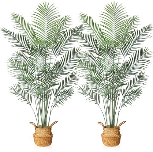 MOSADE Artificial Areca Palm Tree 6.5Feet Fake Tropical Palm Plant and Handmade Seagrass Basket, Perfect Tall Faux Dypsis Lutescens Plants for Entryway Modern Decor Home Office Porch Gift，2Pack