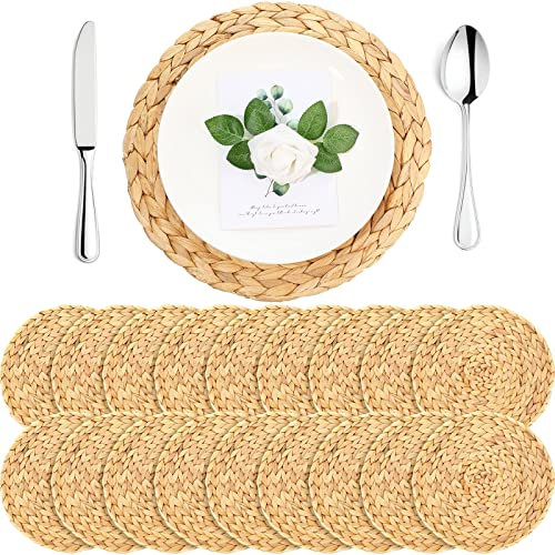 18 Stück Wasserhyazinthe Platzsets handgewebt Gewebe runde Tischsets Rustikale Boho Stroh Platzsets Tisch Geflochtene Platzsets Runde Weiden-Platzsets für Küche Essteller Abendessen (34,8 cm)