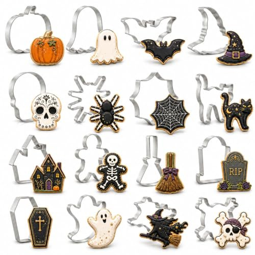 Keepaty Juego de cortadores de galletas de Halloween de acero inoxidable, 16 formas de cortadores de galletas de Halloween, fantasma, murciélago, calabaza, araña, esqueleto, hombre de jengibre y más