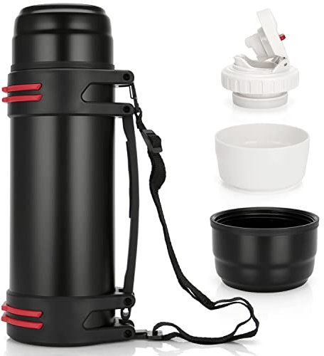 TELANKS Thermosflasche mit Becher 1 L, 1,5 L oder 2 L, Thermoskanne mit Becher, Trinkflasche Edelstahl Auslaufsicher, Isolierflasche Camping Oder Wandern mit Griff & Tragegurt, 24h Heiß & Kalt (2 L)