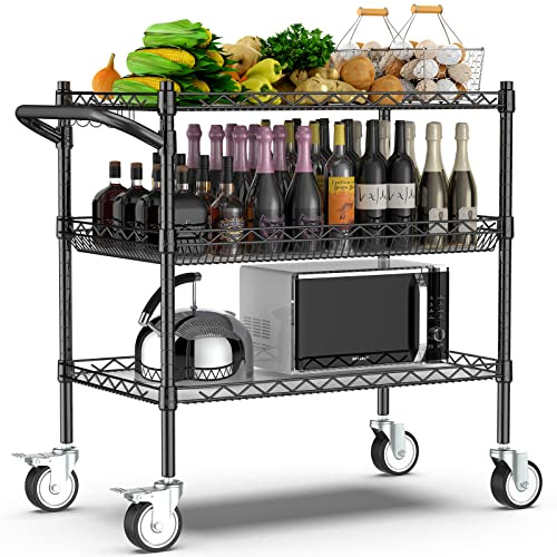 Leteuke 3 Tier Rolling Carts with Wheels, Heavy Duty Rolling Utility Cart,NSF Commercial Grade Metal Cart with Handle&Shelf Liner,Trolley Serving Cart for Kitchen,Restaurant,Plant Display,Black