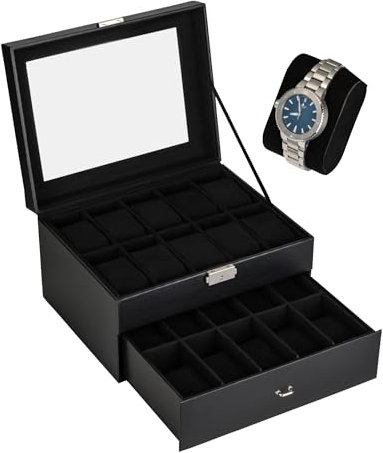 shelfmade Uhrenbox PU-Leder - Uhrenaufbewahrung schwarz - Uhrenkasten mit edlem Samt - Uhrenkoffer, Uhren Box für 20 Uhren - Uhren Aufbewahrungsbox mit Schloss (schwarz)