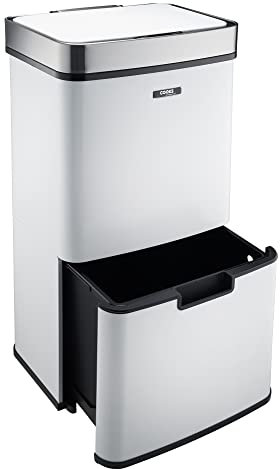 Cooks Professional Recycling Sensor Bin 75L with Dual Compartments and Removable Food Caddy for Kitchen | Smart Automatic Brushed Stainless Steel Bins | White & Silver