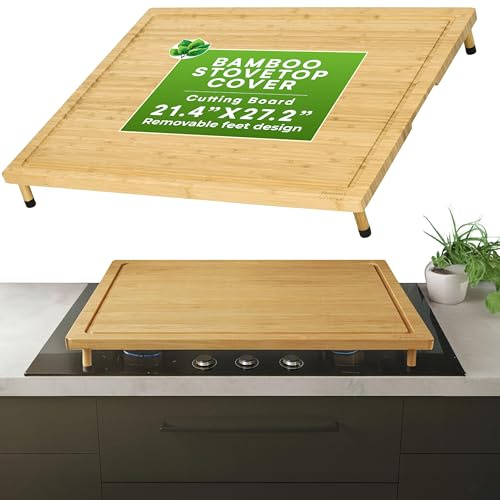 Prosumer's Choice Bamboo Stove Top Cover Board - Versatile Wooden Cutting Board for Kitchen with Adjustable Legs and Juice Grooves- Large Surface and Durable for Stoves, 27.2 x 21.4 x 3.1 Inches