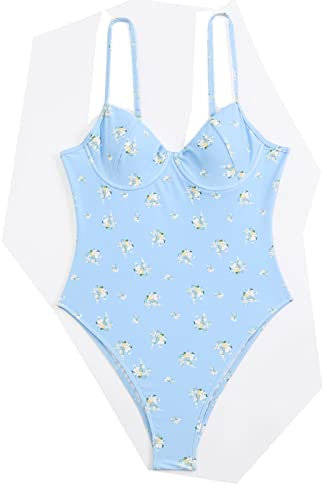 Damen Bademode Push Up Einteiler Floral Sling Badeanzug Schlankheitsgürtel Strand Urlaub Swimwear, D., XL