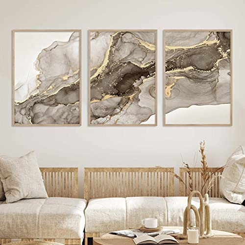 Yangld Abstrakte Moderne Marmor Gold Beige Grau Poster Wandkunst Leinwand Gemälde Drucke Bilder Wohnzimmer Heimdekoration 19.6x 27.5(50x70cm) x3 Kein Rahmen