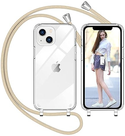 Nupcknn Handykette für iPhone 14 Hülle mit Band,Ultra Dünn Transparent Handyhülle (Abnehmbar) Necklace mit Kordel zum Umhängen Kameraschutz Handy Kette Stossfest Schutzhülle(Gold,6.1)