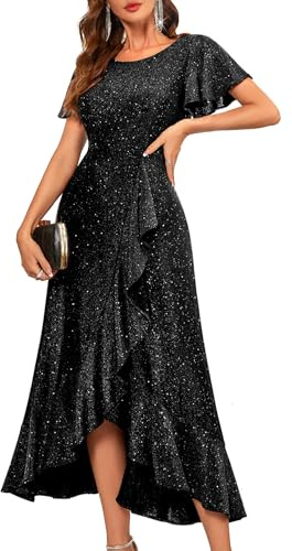 BeryLove Women Sequin Formal Party Dresses Flutter Short Sleeve Wedding Guest Cocktail Long Evening Dress BLS007 Black 2XL