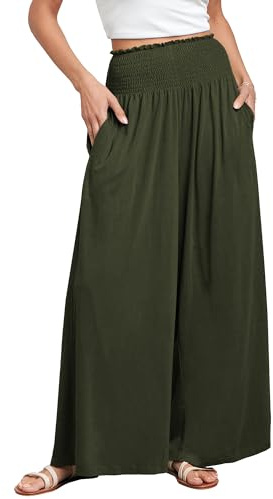 ANRABESS Women Palazzo Pants Summer Boho Bagyy Wide Leg High Smocked Waist Casual Loose Lounge Pant with Pocket Army Green X-Large