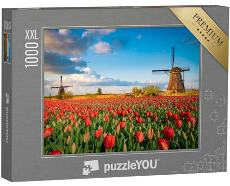 Puzzle 1000 Teile XXL „Niederländische Landschaft mit Windmühlen und Tulpenblüten“ – aus der Puzzle-Kollektion Tulpen, Windmühlen