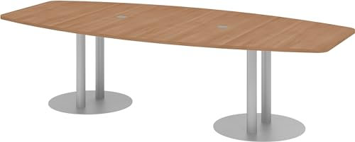 bümö Konferenztisch oval 280x130 cm großer Besprechungstisch in Nussbaum, Besprechungstisch mit Säule in Silber, Meetingtisch für 10 Personen, XXL-Tisch für Besprechungsraum & Meeting