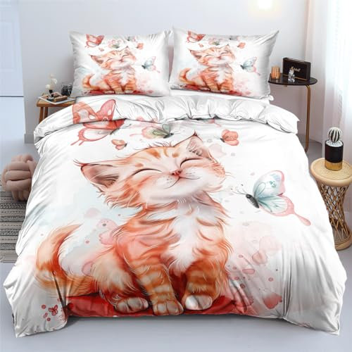 YUTNSAN Katze Bettwäsche 135x200cm 3D Druck Schmetterling Orange Cat Muster Bettbezug Weiß Mikrofaser mit Reisverschluss und Kissenbezug 80x80cm