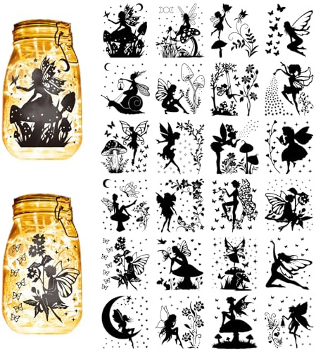 CREATCABIN 24Pcs Fairy Angel Silhouettes Mason Jar Decor Butterfly Star Laser Cut Cardboard Scrapbook Cutouts Die Cuts PVC for Crafting Lantern Jars Wall Painting Windows Glass 3.9x3.5Inch-No Sticker