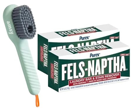 AMSY Fels Naptha - Juego de 2 barras de jabón para lavar ropa, multifuncionales, con dispensador de jabón, paquete de 2 jabones de lavandería de 5 onzas cada cepillo de limpieza para zapatos de tela