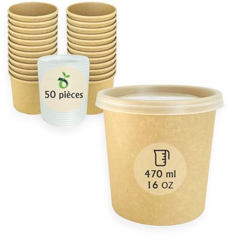 ECOPICNIC Lot de 50 gobelets à Soupe jetables de 470 ML avec Couvercle en PP, gobelets Alimentaires Marron avec revêtement en polyéthylène, Bol à Soupe avec Couvercle