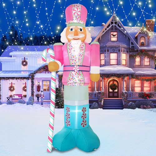 PARAYOYO Bastone di caramella gonfiabile da 3 m, con schiaccianoci rosa, decorazione natalizia da giardino, schiaccianoci integrato, 6 LED integrati, per decorazioni natalizie, per interni ed esterni,