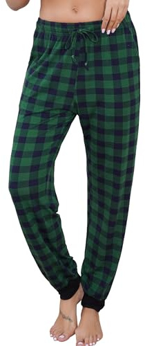 Vlazom Dam rutiga loungebyxor bekväma pyjamasbyxor mjuka varma stretch sovbyxor med fickor S-XXL, A-Grön Marinblå Rutig, M