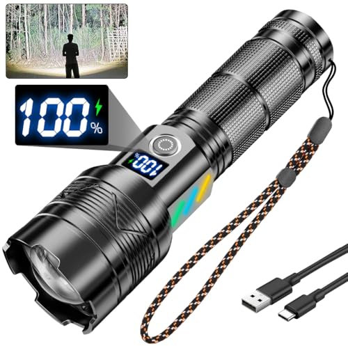 NAKCNM Taschenlampe Batterie, Extrem Helle Taschenlampe LED Aufladbar 30000 Lumen, 5 Modi mit Stroboskop, LCD Display, Einstellbarer Fokus, Wasserdicht, EDC Flashlight für Camping Wandern Notfall