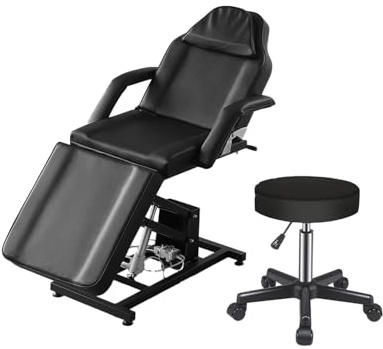 LSBIKE Elektrische Kosmetikliege mit Hocker – Verstellbare Massageliege mit abnehmbaren Armlehnen & Kopfstütze – Kosmetikstuhl Set für Spa, Tattoo, Gesichtspflege, Wimpernverlängerung (Schwarz)