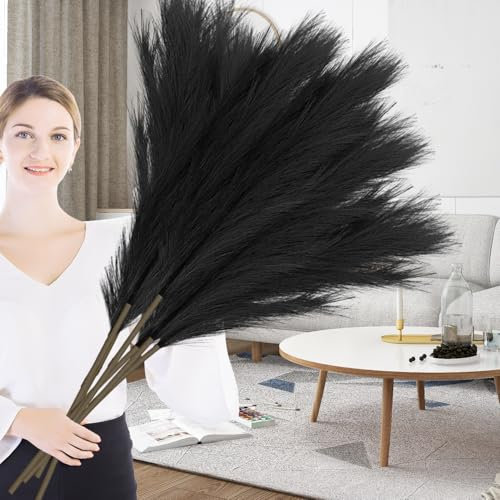 Duscdesp 43/110cm Pampas Grass Artificial 6pcs Fluffy Faux Tall Pampas for Floor Vases, Wedding, Living Room, Bedroom, Home, Boho Decor (Black)
