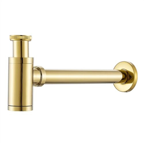 Siphon de Lavabo Corps en laiton Bassin Wast Drain Connexion murale Plomberie P-traps Tuyau de lavage Piège d'évier de salle de bains Noir/or brossé/chrome.(Shine gold)