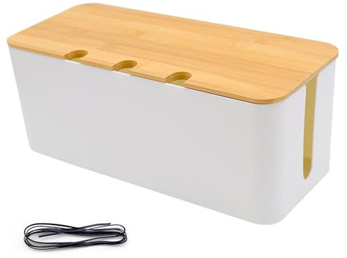 Fahibin Cable Tidy Box, White Cable Box with Bamboo Lid,Large Cables Organised Box for Hiding Cables and Plugs32*13.6 * 12.7cm,