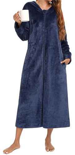 Morgenmäntel für Damen, flauschig, mit Reißverschluss, langer Bademantel, weicher Plüsch-Fleece, Kapuzen-Bademantel, Loungewear, Frottee, Bademantel, 100 % Baumwolle, Schlafanzug, Flanell, Hausmantel,