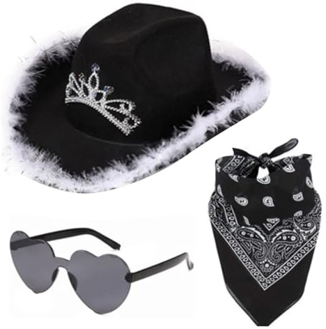 Cowboy Hut Damen Rosa 3PCS Cowboyhut Mit Pailletten Western Cowboy Hut Filz CowgirlHut Mit Feder Bandana Partybrille Accessoires Kopfbedeckung für Party Halloween Karneval Kostüm Kostümzubehör