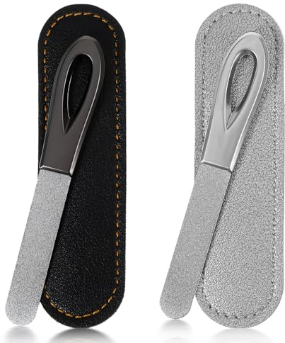 2-Piece Mini Metal Nail File Set with Leather Cases - Stainless Steel, Travel Size for Acrylic and Gel Nails - 3.9 Inch Black/Silver