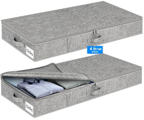 Under Bed Storage Container Bins 2 Pack, 4 Inch Thin Low Profile Underbed Clothes Storage Organizer for Dorm & Home, Use for Blanket and Toy Storage Box W/ Sturdy Bottom/Sides, Foldable Thick Fabric