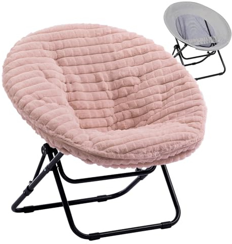 HollyHOME Foldable Saucer Chair Moon Chair Comfy Folding Armchair Small Reading Chairs Portable Relax Round Armchair for Living Room & Bedroom, Plush Pink