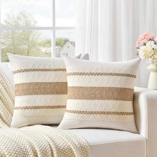 FDTERN 2er Set Boho Kissenbezug 40x40 Neutral,Dekorative Leinen Kissenbezüge Kissenhülle Dekokissenbezug Sofakissen Dekokissen Deko für Sofa Schlafzimmer Wohnzimmer