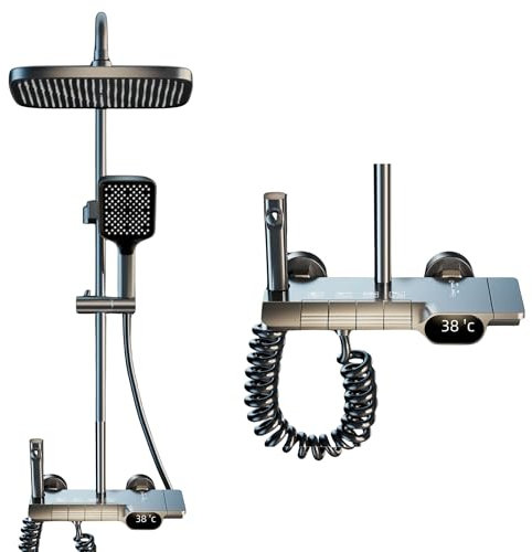 Columna Ducha Negra con Grifo. Alcachofa modo Lluvia. Ducha de Mano con 3 Modos SPA. Grifo para Llenar Bañera y Pistola de Limpieza con Manguera. Construido en Acero Inox y PVC. LED Temperatura