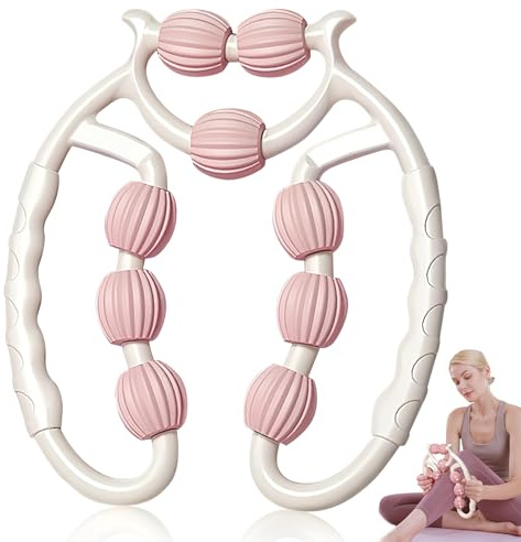 shallyong Rodillo de masaje para piernas, celulitis, rodillo de masaje, rodillo de celulitis, rodillo de masaje con mango para piernas, pies, brazos, color blanco y rosa