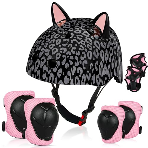 Kids Helmet, Bike Helmets for Kids 3-8-14 with Knee Pads and Elbow Pads Wrist Guards, Adjustable Youth Girls Bike Helmet with DIY Cat Ears Skateboard Helmet for Scooter Skating Cycling
