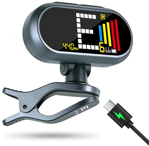 EX USB-C Rechargeable Guitar Tuner Clip On, ±1 Cent Accurate Guitar Tuner with 1.97 Large Color LCD Screen, Chromatic Tuner for Acoustic/Electric Guitar Bass Ukulele Violin, 360°Rotating Clip