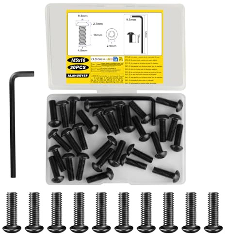 30 PiècesVis M5, Vis à Tête Bombée à Six Pans Creux Noires, Boulons a Tête Cylindrique Ronde à Hexagonale, Assortiment de Boutons a Six Pans Creux + Clé M3