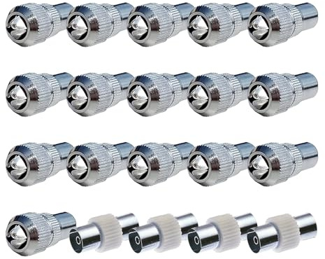 TV Aerial Connector – 20PCS Coaxial Cable Connectors Kit, Includes 16 Male and 4 Female-to-Female Adaptors, High-Performance Zinc Alloy Plugs, Coaxial Cable Connectors for TV, Satellite, Internet