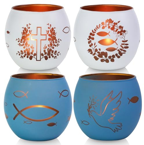 Teelichthalter aus Glas 4er Set - Lasergravur Kerzenhalter mit Eukalyptus, Kreuz, Fisch, Taube für Konfirmation, Taufe, Firmung, Erstkommunion - Deko Windlicht für Tischdeko & Geschenk (Weiß & Blau)