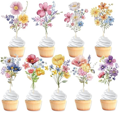 Wildflower Birthday Cupcake Toppers Decorations, VARACL 36PCS Flower Cupcake Toppers Baby In Bloom Baby Shower Cake Topper Decorations For Wedding Girls Garden Floral Fairy Spring Tea Party Decor