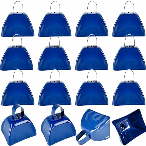 Hoarost 16 Pcs 3 Inch Cow Bells Noise Makers Small Metal Blue Cowbells with Handle Loud Cheering Bell Hand Percussion for Sporting Events Football Games Graduation Celebrating
