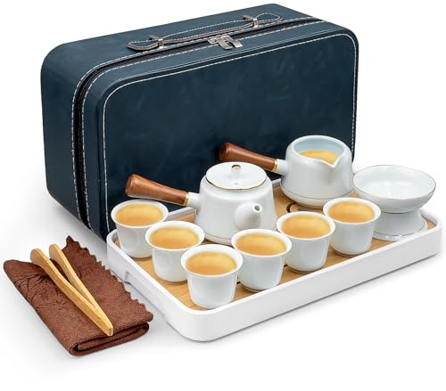 YFNVH Juego de té japonés de 14 piezas, tetera china, juego de té portátil Gongfu con 6 tetera y plato de té de porcelana, tetera de 230 ml, juego de té de viaje para el hogar, la oficina, el exterior