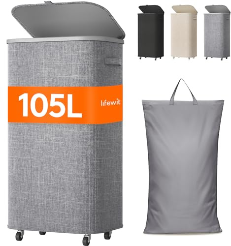 Lifewit 105 l tvättkorg med hjul och lock, ljusgrå | Vikbar tvättsorterare med avtagbar tvättpåse och plastram, stor tvättlåda för sovrum och badrum